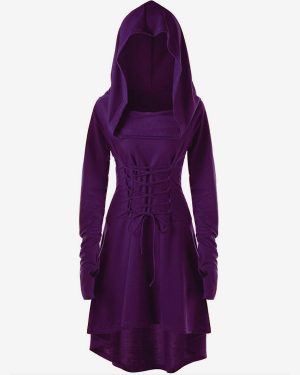 Womens Renaissance Costumes Hooded Robe Lace Up Vintage Pullover High Low Long Hoodie Dress Medieval Gothic Cloak