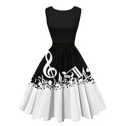Women's Retro 1950s Vintage Tea Dresses Midi Dress Daily Date Ruched Print Note Crew Neck Sleeveless Slim Summer Spring 2023 Black And White Black S M L XL