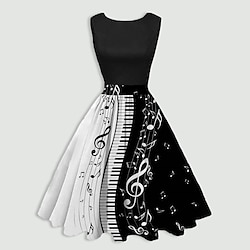 Women's Retro 1950s Vintage Tea Dresses Midi Dress Daily Holiday Ruched Print Note Crew Neck Sleeveless Slim Summer Spring 2023 Black Wine S M L XL