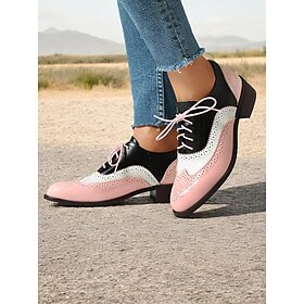 Women's Retro Pink and Black Oxford Shoes - Patent Faux Leather Lace-Up Brogues for Vintage Casual Style and Fashionable Outings