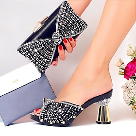 Women's Rhinestone Embellished Mules with Matching Clutch Bag - Elegant Black High Heel Shoes and Bow Detail for Weddings and Special Occasions