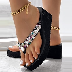 Women's Rhinestone Embellished Platform Flip Flop Sandals with Wedge Heel - Sparkly Summer Shoes for Beach and Casual Outings