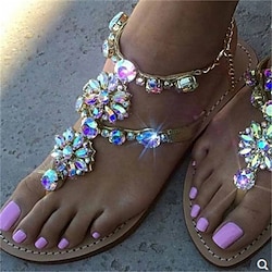 Women's Rhinestone Flat Sandals - Gold Crystal-Embellished T-Strap Sandals with Ankle Chain, Elegant Summer Beach Wedding Shoes