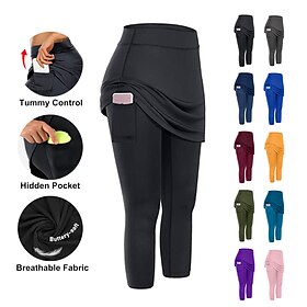 Women's Running Capri Leggings Running Skirt with Tights 2 in 1 with Phone Pocket Base Layer Athletic Athleisure Fall Spandex Breathable Quick Dry Moisture Wic