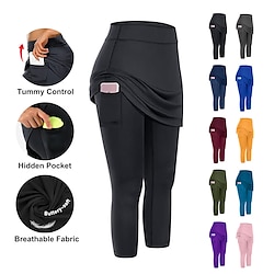 Women's Running Capri Leggings Running Skirt with Tights 2 in 1 with Phone Pocket Base Layer Athletic Athleisure Fall Spandex Breathable Quick Dry Moisture Wicking Soft Gym Workout Running Jogging