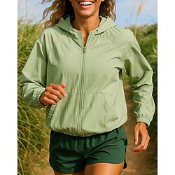 Women's Running Jacket Outdoor Jacket rain coat Pocket Full Zip Long Sleeve Outerwear Athletic Waterproof Windproof Breathable Quick Dry Tennis Golf Running Sportswear Activewear Solid Colored Black