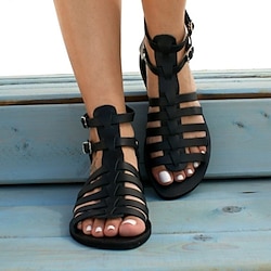 Women's Sandals Gladiator Sandals Roman Sandals Daily Beach Solid Color Summer Flat Heel Round Toe Open Toe Vintage Classic Faux Leather PU Synthetics Buckle Light Brown Black Gold