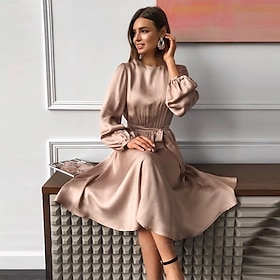 Women's Satin Dress Swing Dress Midi Dress Green khaki Red Long Sleeve Pure Color Lace up Summer Spring Fall Crew Neck Party Elegant Party Lantern Sleeve 2023