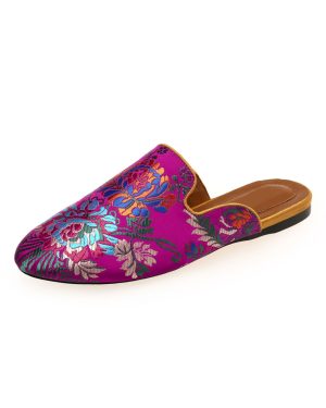 Womens Satin Flat Mules Round Toe Floral Embroidered Mules