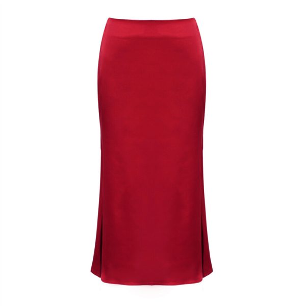 Women's Satin Mid Length Skirt Summer High Waist A Line Swing Skirt Elegant Casual Skirt M Wine Red