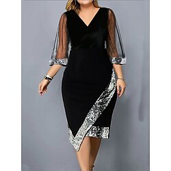 Women's Sequin Dress Midi Dress Sequins Mesh Casual V Neck 3/4 Length Sleeve Black Wine Green Color