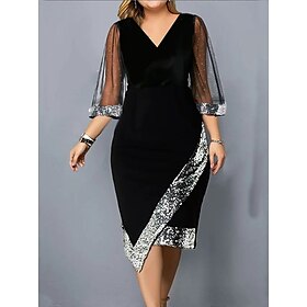 Women's Sequin Dress Midi Dress Sequins Mesh Casual V Neck 3/4 Length Sleeve Black Wine Green Color
