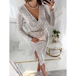 Women's Sequin Dress Midi Dress Sequins Split Casual V Neck Long Sleeve Silver Black Wine Color