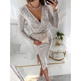 Women's Sequin Dress Midi Dress Sequins Split Casual V Neck Long Sleeve Silver Black Wine Color