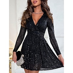 Women's Sequin Dress Mini Dress Sequins Casual V Neck Long Sleeve Black White Fuchsia Color