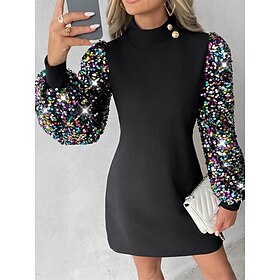 Women's Sequin Dress Mini Dress Sequins Patchwork Casual Stand Collar Long Sleeve Black Wine Blue Color