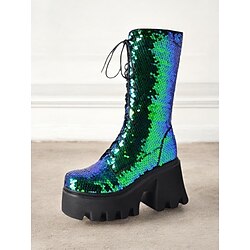 Women's Sequin Lace-Up Platform Boots - Green and Blue Shiny Chunky Heel Boots for Parties, Festivals, and Cosplay