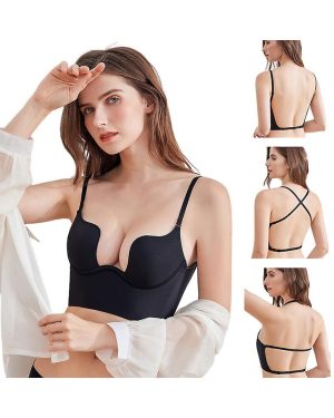Womens Sexy Deep U Plunge Bra Multi Way Convertible Push Up Halter Low Back Bra