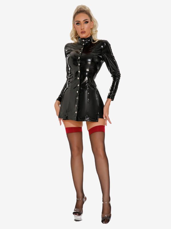 Womens Sexy Pu Leather Bodysuit Button Up Catsuit Long Sleeve Bodycon Wetlook Clubwear Dress