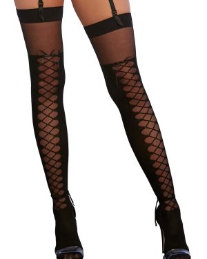 Women's Sheer Black Thigh High Stockings with Front Lace Up Detail and Comfort Lace Top Anti-Slip Elastic Band