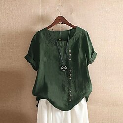 Women's Shirt Blouse Cotton Linen Shirts Plain Basic Modern Short Sleeve Crew Neck Regular Tops Daily Holiday Buttons White Pink Blue Orange Green Summer