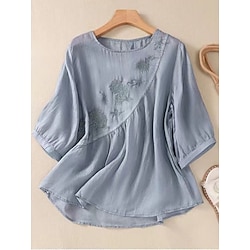 Women's Shirt Blouse Cotton Linen Shirts Solid Color Basic Casual 3/4 Length Sleeve Crew Neck Regular Tops Daily Embroidered White Pink Blue Khaki Summer Spring
