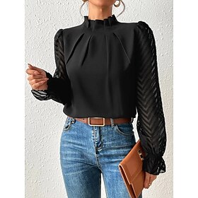 Women's Shirt Blouse Daily Basic Mesh Long Sleeve Regular Tops Turtleneck High Neck Casual Black White Pink Navy Blue Beige Fall Winter