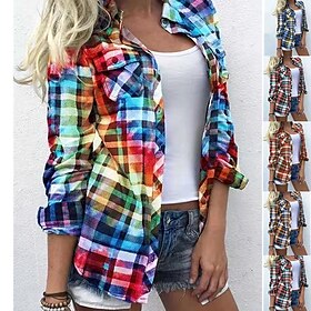 Women's Shirt Blouse Shacket Yellow Red Blue Plaid Color Block Button Print Long Sleeve Daily Weekend Streetwear Casual Shirt Collar Regular S