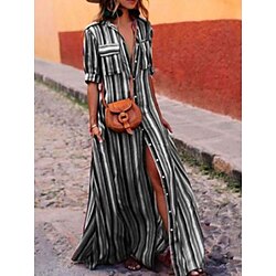 Women's Shirt Dress Boho Chic Dresses Maxi long Dress Vacation Beach Bohemia Shirt Collar Button Pocket Half Sleeve Summer Spring Loose Fit Striped