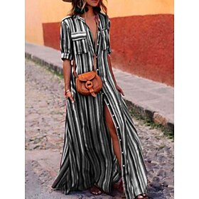 Women's Shirt Dress Boho Chic Dresses Maxi long Dress Vacation Beach Bohemia Shirt Collar Button Pocket Half Sleeve Summer Spring Loose Fit Striped