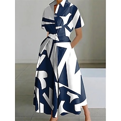 Women's Shirt Dress Casual Dress Maxi long Dress Outdoor Daily Vacation Fashion Elegant Shirt Collar Button Pocket Short Sleeve Summer Spring 2023 Loose Fit Black And White Black White