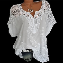 Women's Shirt Lace Shirt Blouse Eyelet top Chiffon Streetwear Basic Casual Embroidered Short Sleeve Regular Tops V Neck Daily Going out Weekend Black White Red Blue Green Summer Spring