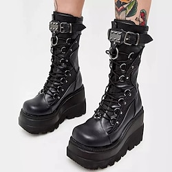 Women's Shoes Mid Calf Combat Boots Round-Toe Punk Lolita Punk Gothic Chunky Heel Shoes Lolita Black White PU Leather