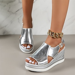 Women's Silver Metallic Open-Toe Wedge Sandals with Buckle Strap - Stylish and Comfortable for Summer Outings
