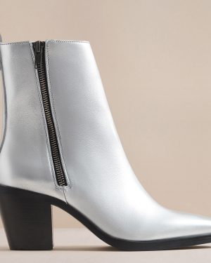 Women's Silver Metallic Rey Leather Cowboy Ankle Boot