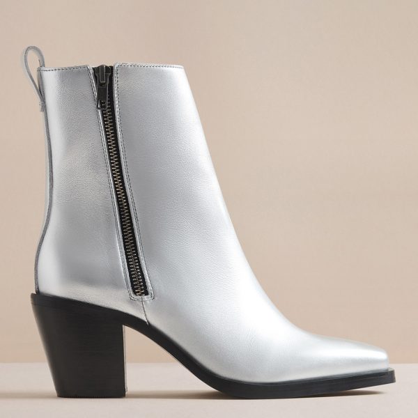Women's Silver Metallic Rey Leather Cowboy Ankle Boot