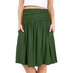 Women's Skirt A Line Basic Casual Knee-length High Waist Skirts Solid Colored Pocket Casual Daily Weekend Wine Black Army Green Navy Blue Summer Cotton