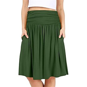 Women's Skirt A Line Basic Casual Knee-length High Waist Skirts Solid Colored Pocket Casual Daily Weekend Wine Black Army Green Navy Blue Summer Cotton