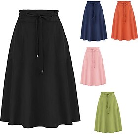 Women's Skirt A Line Basic Casual Knee-length High Waist Skirts Solid Colored Pocket Drawstring Casual Daily Weekend Black Pink Navy Blue Orange Summer Cotton