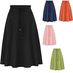 Women's Skirt A Line Basic Casual Knee-length High Waist Skirts Solid Colored Pocket Drawstring Casual Daily Weekend Black Pink Navy Blue Orange Summer Cotton Linen