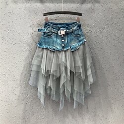 Women's Skirt A Line Basic Long Carnival Costumes Ladies Asymmetrical Skirts Color Block Solid Colored Pleated Tulle Vacation Daily Wear Black Light Blue Summer Denim
