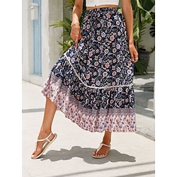 Women's Skirt A Line Bohemia Casual Midi High Waist Skirts Floral Pocket Print Micro-elastic Street Daily Red Orange Dark Blue Apricot Summer Rayon
