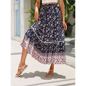 Women's Skirt A Line Bohemia Casual Midi High Waist Skirts Floral Pocket Print Micro-elastic Street Daily Red Orange Dark Blue Apricot Summer Rayon