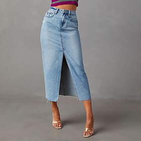 Women's Skirt A Line Denim Midi Skirt Fashion Casual Midi High Waist Skirts Solid Colored Pocket Split Ends Street Daily Blue Light Blue Summer Denim