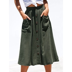 Women's Skirt A Line Fashion Casual Midi High Waist Skirts Plain Micro-elastic Street Daily Black Yellow Pink Navy Blue Summer Polyester