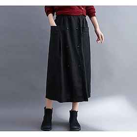 Women's Skirt A Line Long Skirt Linen Skirts coastalgrandmastyle Basic Casual Long Midi Skirts Solid Colored Pocket Split Ends Street Daily Black Brown Green