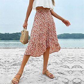 Women's Skirt A Line Midi Skirts Ruffle Print Floral Casual Daily Weekend Summer Fashion Casual Wine
