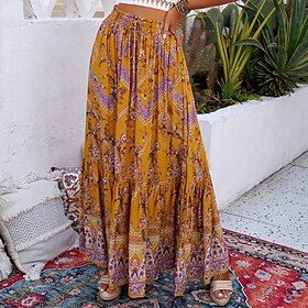 Women's Skirt A Line Swing Bohemia Maxi High Waist Skirts Print Floral Color Block Holiday Vacation Summer Casual Boho Yellow
