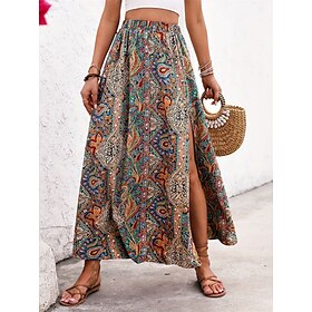 Women's Skirt A Line Swing Casual Boho Maxi High Waist Skirts Graphic Paisley Print Split Ends Vacation Holiday Blue Purple Summer Polyester