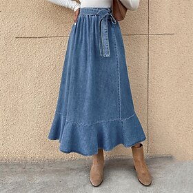 Women's Skirt A Line Swing Fashion Casual Maxi High Waist Skirts Solid Colored Ruffle Street Daily Blue Winter Denim